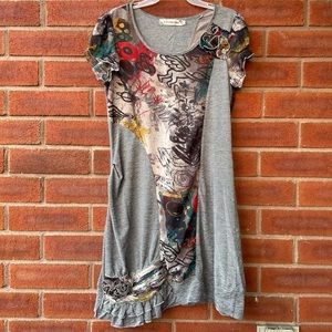 Short Sleeve Colourful & Grey Embroidered Dress
